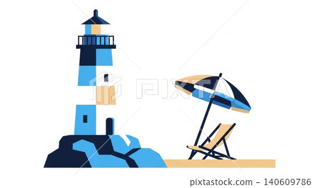 Coastal - Flat Design Lighthouse on Rocky Shore with Beach Chair and Striped Umbrella Summer Vacation Scene Coastal - Flat Design Lighthouse on Rocky Shore with Beach Chair and Striped Umbrella Summer Vacation Scene 140609786