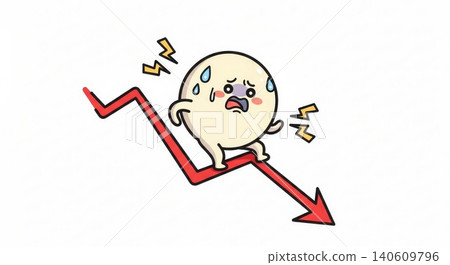 Finance - Cute Cartoon Character Sliding Down Red Declining Stock Market Arrow with Stress and Panic Expression 140609796