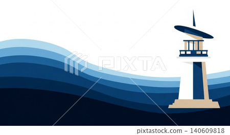 Nautical - Flat Design Lighthouse Tower with Layered Ocean Waves in Dark and Light Blue Tones Nautical - Flat Design Lighthouse Tower with Layered Ocean Waves in Dark and Light Blue Tones 140609818