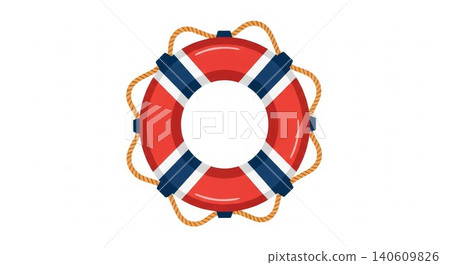 Safety - Red and Navy Blue Life Preserver Ring with Rope Nautical Emergency Buoy Isolated on White Background 140609826