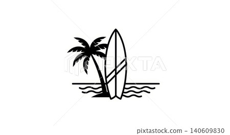 Summer - Black and White Surfboard and Palm Tree Silhouette Icon with Ocean Waves Beach Logo Design Summer - Black and White Surfboard and Palm Tree Silhouette Icon with Ocean Waves Beach Logo Design 140609830