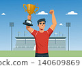 Flat illustration of a young man celebrating a championship football victory by raising the trophy high. 140609869