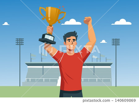 Flat illustration of a young man celebrating a championship football victory by raising the trophy high. Flat illustration of a young man celebrating a championship football victory by raising the trophy high. 140609869