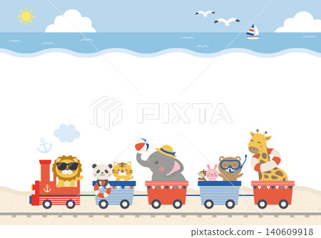 [向量圖] 可愛的兒童背景插圖（橫向），描繪了夏日海洋和動物火車，並留有文字空間。 140609918