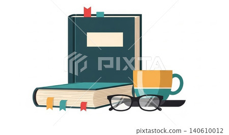 Education - Teal Hardcover Books with Colorful Bookmarks Eyeglasses and Coffee Cup Flat Vector Illustration Education - Teal Hardcover Books with Colorful Bookmarks Eyeglasses and Coffee Cup Flat Vector Illustration 140610012