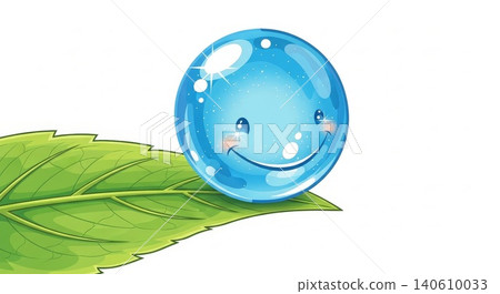 Nature - Cute Smiling Blue Water Drop Cartoon Character Resting on Green Leaves Eco Friendly Concept 140610033