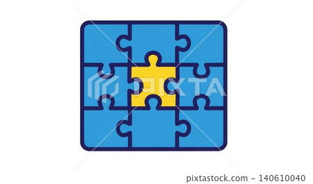 Puzzle - Blue Jigsaw Puzzle Grid with Single Yellow Center Piece Standing Out as Unique Solution 140610040
