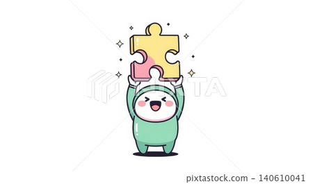 Puzzle - Cute Kawaii Character in Green Outfit Holding Two Interlocking Puzzle Pieces Overhead with Joy Puzzle - Cute Kawaii Character in Green Outfit Holding Two Interlocking Puzzle Pieces Overhead with Joy 140610041