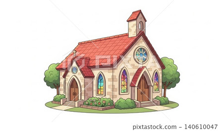 Religion - Cartoon Style Christian Church Building with Stained Glass Windows Red Roof and Bell Tower Illustration Religion - Cartoon Style Christian Church Building with Stained Glass Windows Red Roof and Bell Tower Illustration 140610047