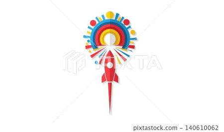 Startup Launch Concept Flat Design Red Rocket Flying Through Colorful Rainbow Burst with Geometric Shapes Startup Launch Concept Flat Design Red Rocket Flying Through Colorful Rainbow Burst with Geometric Shapes 140610062
