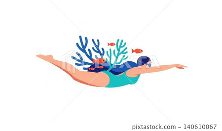 Swimming - Female Swimmer Diving with Coral Reef and Tropical Fish Flat Vector Illustration Swimming - Female Swimmer Diving with Coral Reef and Tropical Fish Flat Vector Illustration 140610067