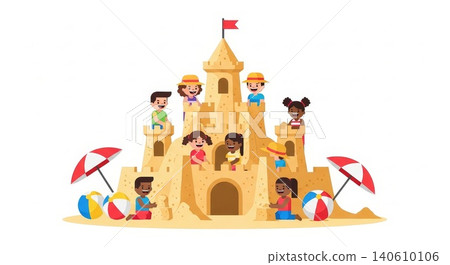 Beach - Diverse Group of Happy Children Playing and Building Large Sandcastle Together on Summer Beach Day Beach - Diverse Group of Happy Children Playing and Building Large Sandcastle Together on Summer Beach Day 140610106