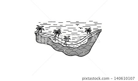 Beach - Tropical Island Hammock Line Art Drawing with Palm Trees Waves and Birds Black and White Illustration Beach - Tropical Island Hammock Line Art Drawing with Palm Trees Waves and Birds Black and White Illustration 140610107