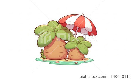 Tropical - Cute Cartoon Tropical Island With Palm Trees Sand Mounds and Red White Beach Umbrella Tropical - Cute Cartoon Tropical Island With Palm Trees Sand Mounds and Red White Beach Umbrella 140610113