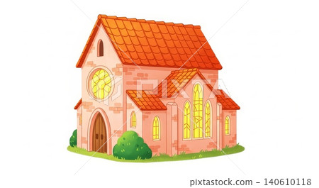 Church - Cute Cartoon Style Small Stone Chapel with Rose Window Glowing Stained Glass and Orange Tiled Roof 140610118