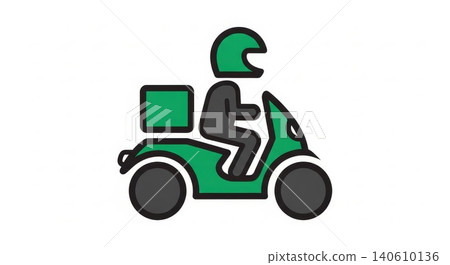 Delivery - Green Scooter Motorcycle Icon with Rider Helmet and Cargo Box Flat Vector Illustration Delivery - Green Scooter Motorcycle Icon with Rider Helmet and Cargo Box Flat Vector Illustration 140610136