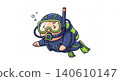 Diving - Cute Cartoon Scuba Diver Character Swimming Underwater with Green Fins and Air Tank 140610147