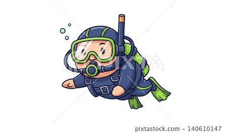 Diving - Cute Cartoon Scuba Diver Character Swimming Underwater with Green Fins and Air Tank 140610147