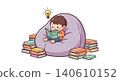 Education - Cute Cartoon Boy Reading Book on Purple Bean Bag Chair Surrounded by Colorful Stacked Books with Light Bulb Idea 140610152