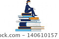 Education - Flat Design Illustration of Person Sitting on Top of Stacked Colorful Books in Navy Orange Blue 140610157