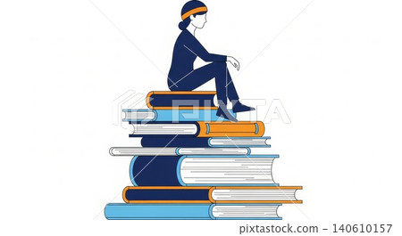 Education - Flat Design Illustration of Person Sitting on Top of Stacked Colorful Books in Navy Orange Blue Education - Flat Design Illustration of Person Sitting on Top of Stacked Colorful Books in Navy Orange Blue 140610157