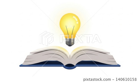 Education - Glowing Light Bulb Floating Above Open Book Representing Knowledge Ideas and Learning Concept 140610158