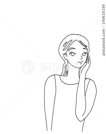 Line art illustration of a woman smiling with one hand on her cheek (right-aligned, for copy space) Line art illustration of a woman smiling with one hand on her cheek (right-aligned, for copy space) 140610199