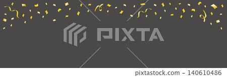 Horizontal banner for campaign sale: gold confetti and ribbons falling from above, black background frame, center margin. Horizontal banner for campaign sale: gold confetti and ribbons falling from above, black background frame, center margin. 140610486