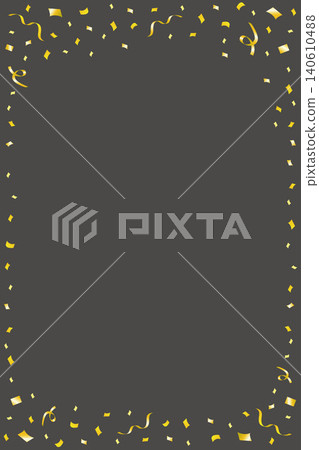 Vertical campaign sale: Gold confetti and ribbons fluttering on a black background frame with a central margin. Vertical campaign sale: Gold confetti and ribbons fluttering on a black background frame with a central margin. 140610488