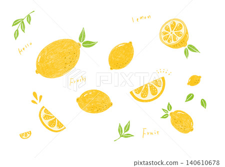 一組可愛的檸檬色鉛筆畫風格插圖。 一組可愛的檸檬色鉛筆畫風格插圖。 140610678