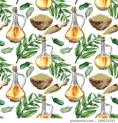 Seamless pattern using sesame oil. Hand-drawn watercolor illustration. Sesame plants and seeds in a bowl and scoop, bottles of oil. For textiles, wallpaper, product labels, wrapping paper, and more. Seamless pattern using sesame oil. Hand-drawn watercolor illustration. Sesame plants and seeds in a bowl and scoop, bottles of oil. For textiles, wallpaper, product labels, wrapping paper, and more. 140610781