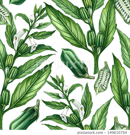Seamless pattern with green sesame stalks with leaves, pods, and flowers. Hand-drawn watercolor illustration. For kitchen decor, textiles, wallpaper, product labels, wrapping paper, menus, and more. 140610784