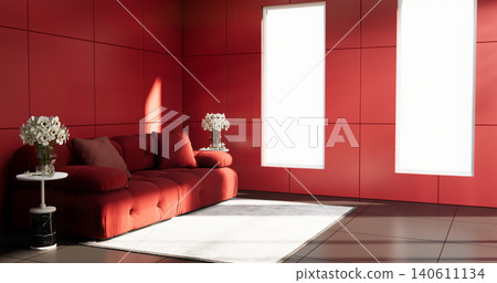 Red Living room with red wall and modern sofa on tiles floor.3D rendering 140611134