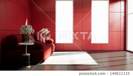 Red Living room with red wall and modern sofa on tiles floor.3D rendering Red Living room with red wall and modern sofa on tiles floor.3D rendering 140611135