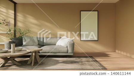 Mock up living room Earth Tone and Muji decoration on Living room wooden floor, japandi style.3D render Mock up living room Earth Tone and Muji decoration on Living room wooden floor, japandi style.3D render 140611144