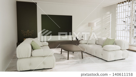Cabinet on scene white living room wall decoration and granite tiles floor.3D rendering 140611158