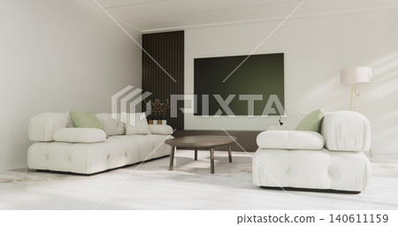 Cabinet on scene white living room wall decoration and granite tiles floor.3D rendering 140611159