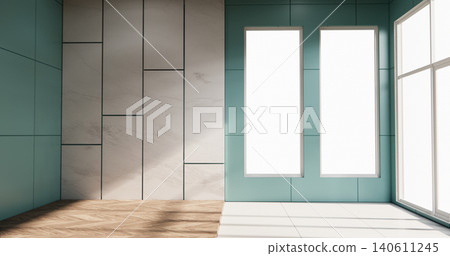 Empty room - Clean room ,Minimalist interior design, mint wall on granite tiles floor. 3d rendering Empty room - Clean room ,Minimalist interior design, mint wall on granite tiles floor. 3d rendering 140611245