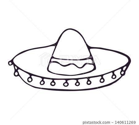 Hand drawn Mexican sombrero hat with pom poms doodle illustration isolated on white background 140611269