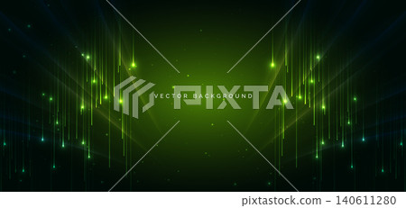 Abstract techno vertical green lines glowing on dark green background. 140611280