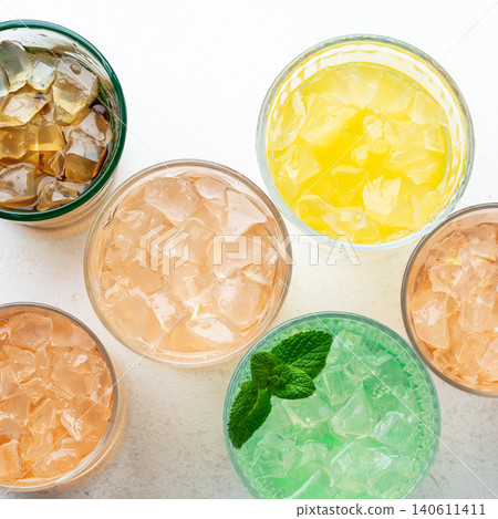Colorful sparkling drinks ice top view Colorful sparkling drinks ice top view 140611411