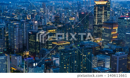 High-angle panoramic view of Yeouido financial district skyscrapers at sunset in Seoul, South Korea High-angle panoramic view of Yeouido financial district skyscrapers at sunset in Seoul, South Korea 140611661