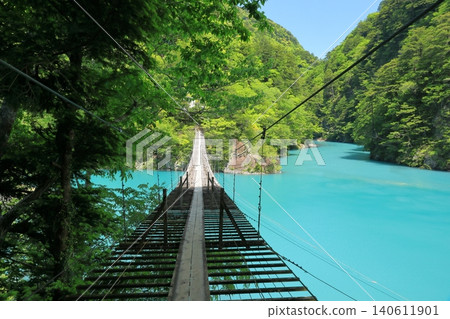 The Dream Suspension Bridge spanning the dam lake in Sumatakyo Gorge, adorned with fresh greenery. The Dream Suspension Bridge spanning the dam lake in Sumatakyo Gorge, adorned with fresh greenery. 140611901