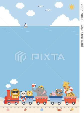 [向量圖] 可愛的兒童背景插圖（直版），描繪了夏日海洋和動物火車，並留有文字空間。 140612026