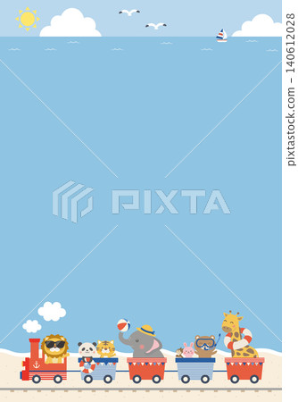 [Vector] Cute background illustration for kids (vertical) featuring a summer sea and animal train with copy space. 140612028