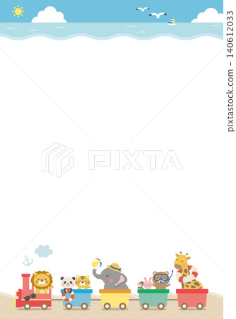 [Vector] Cute background illustration for kids (vertical) featuring a summer sea and animal train with copy space. 140612033
