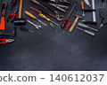 Set Equipment implement Hand Tools on Dark Background copy space. 140612037