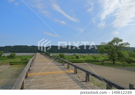 這是明治時期建造的橫跨大井川的蓬萊橋的景象。 140612289