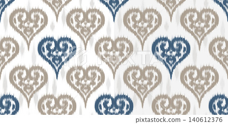 Ikat seamless pattern. Ethnic abstract design with hearts symbols on white background. Boho motif ornament on white background for textile. Retro rug textured orient decoration. Vector Ikat seamless pattern. Ethnic abstract design with hearts symbols on white background. Boho motif ornament on white background for textile. Retro rug textured orient decoration. Vector 140612376
