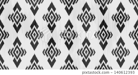 Ikat abstract geometric seamless pattern. Ethnic rug textured vector background with rhombus. Monochrome batik print with tribal motif for textile and fabric design. Vector illustration Ikat abstract geometric seamless pattern. Ethnic rug textured vector background with rhombus. Monochrome batik print with tribal motif for textile and fabric design. Vector illustration 140612393